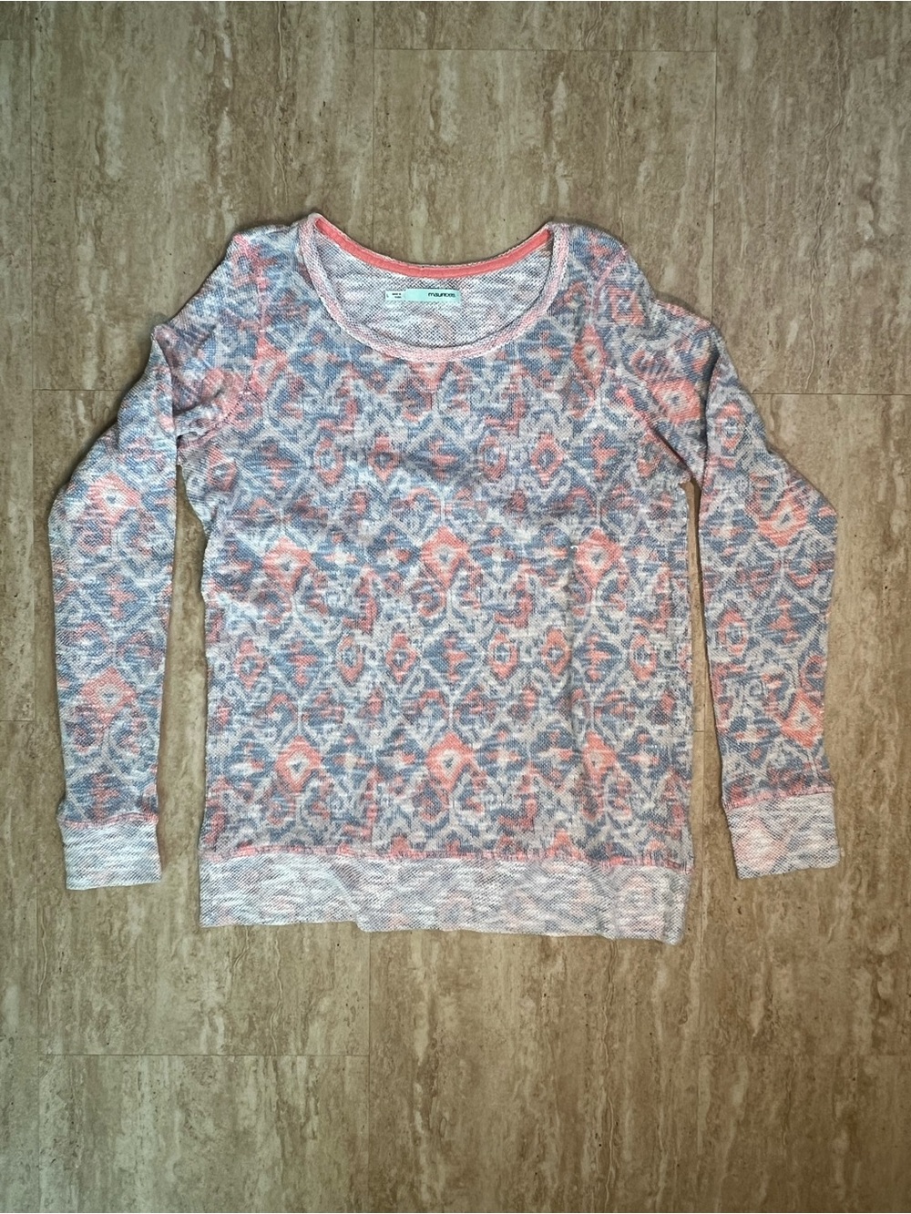 Maurices Pink & Blue Geometric Aztec Scoop Crewneck Long Sleeve Pullover Large